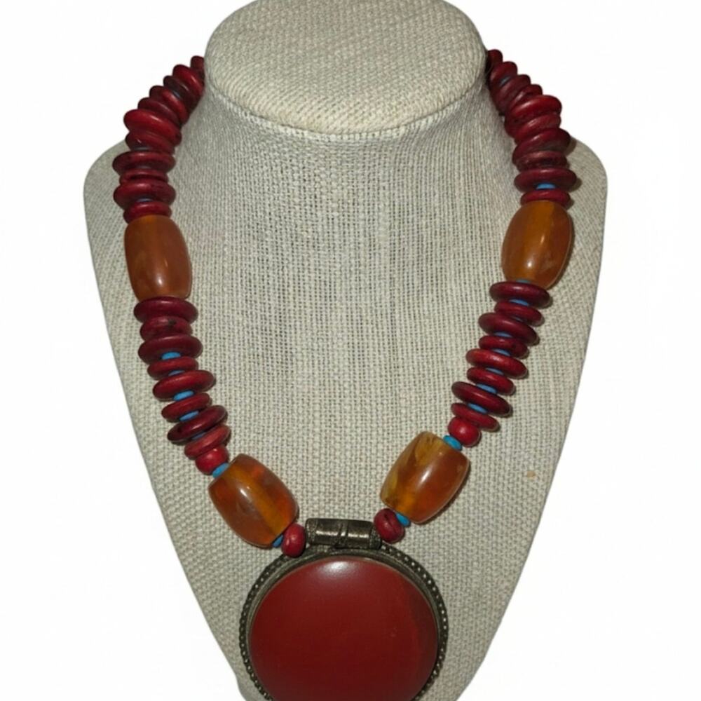 Artisan Made Red Jasper Faux Amber Chunky Bead Tribal Statement Necklace